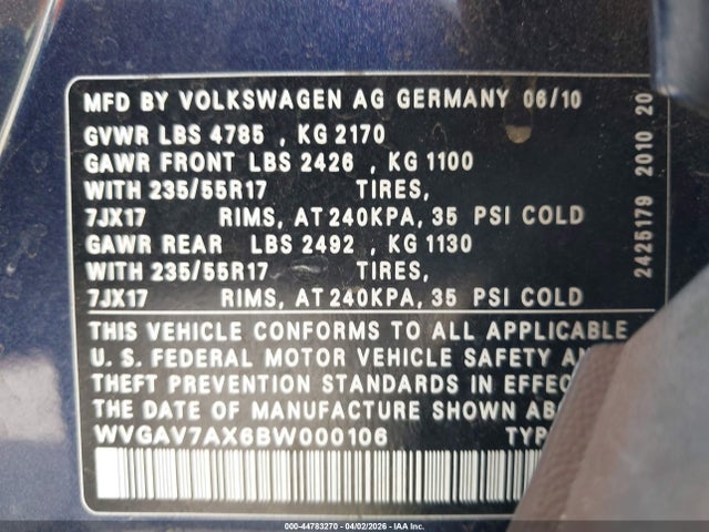 44783270 :رقم المزاد ، WVGAV7AX6BW000106 vin ، 2011 Volkswagen Tiguan Se مزاد بيع