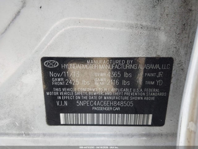 Aukcja sprzedaży 2014 Hyundai Sonata Limited, vin: 5NPEC4AC6EH848505, numer aukcji: 44783293