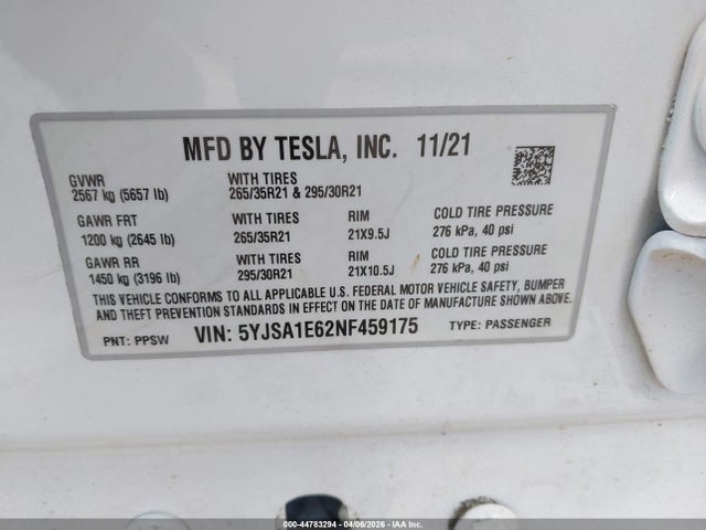 Продажа на аукционе авто 2022 Tesla Model S Plaid Tri Motor All-wheel Drive, vin: 5YJSA1E62NF459175, номер лота: 44783294