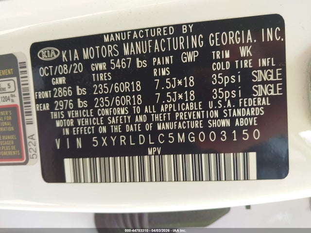 2021 Kia Sorento S მანქანა იყიდება აუქციონზე, vin: 5XYRLDLC5MG003150, აუქციონის ნომერი: 44783310