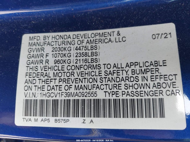 2021 Honda Accord Sport მანქანა იყიდება აუქციონზე, vin: 1HGCV1F39MA092555, აუქციონის ნომერი: 44783320