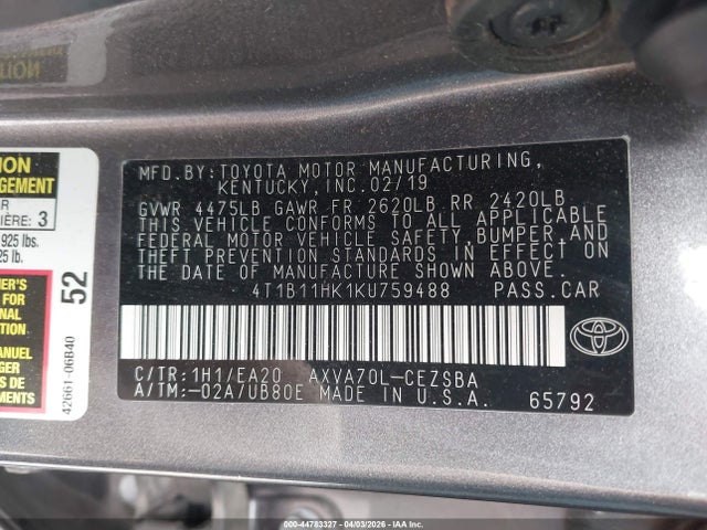 2019 Toyota Camry Se მანქანა იყიდება აუქციონზე, vin: 4T1B11HK1KU759488, აუქციონის ნომერი: 44783327