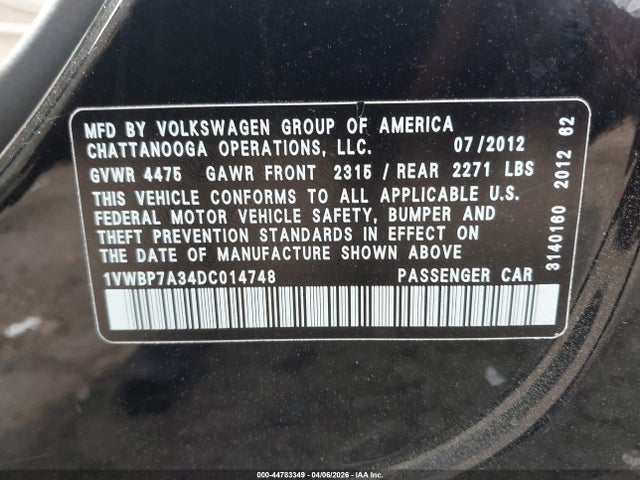 Aukcja sprzedaży 2013 Volkswagen Passat 2.5l Se, vin: 1VWBP7A34DC014748, numer aukcji: 44783349