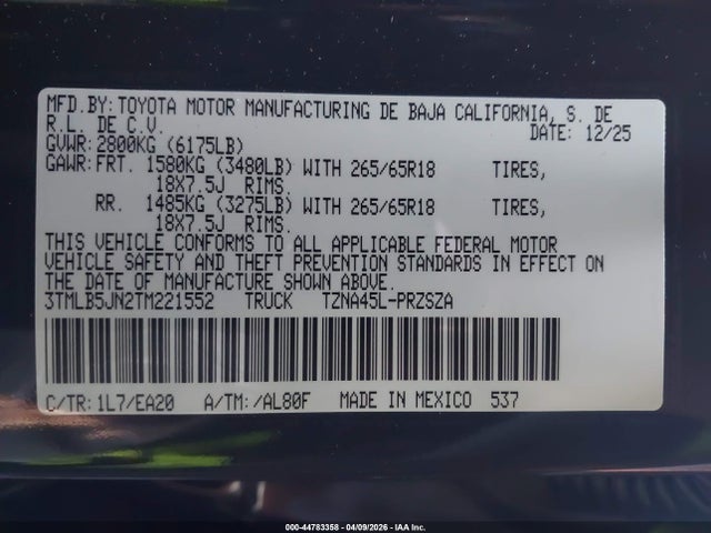 44783358 :رقم المزاد ، 3TMLB5JN2TM221552 vin ، 2026 Toyota Tacoma Trd Sport مزاد بيع