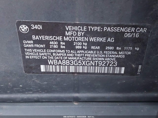 44783372 :رقم المزاد ، WBA8B3G5XGNT92723 vin ، 2016 Bmw 340i مزاد بيع