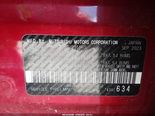 44783386 :رقم المزاد ، JA4J4UA80RZ019462 vin ، 2024 Mitsubishi Outlander Es 2.5 S-awc مزاد بيع