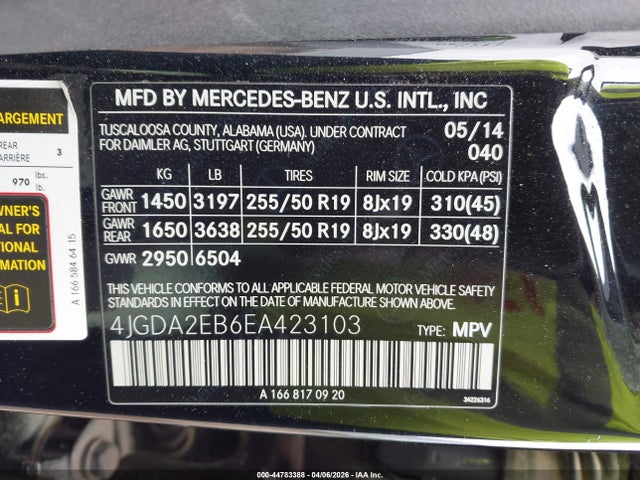 44783388 :رقم المزاد ، 4JGDA2EB6EA423103 vin ، 2014 Mercedes-benz Ml 350 Bluetec 4matic مزاد بيع