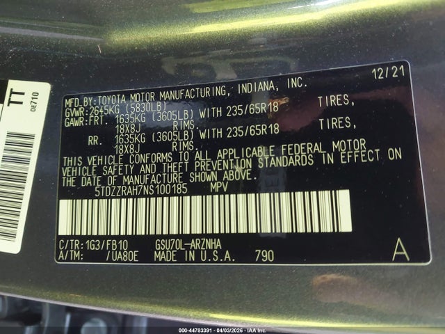 44783391 :رقم المزاد ، 5TDZZRAH7NS100185 vin ، 2022 Toyota Highlander Le مزاد بيع