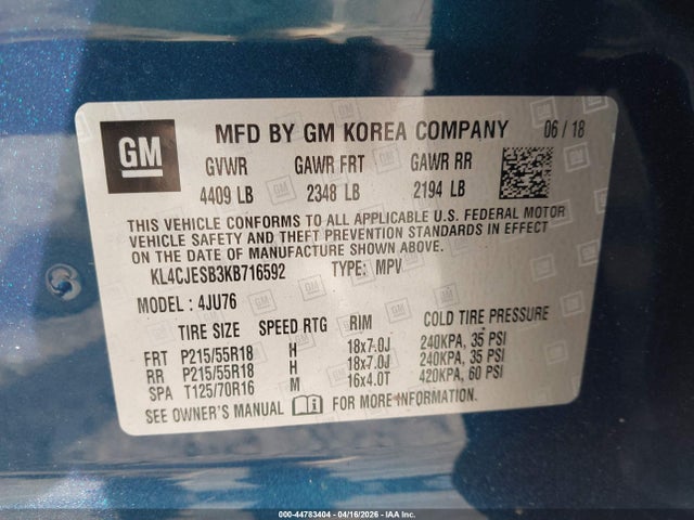 44783404 :رقم المزاد ، KL4CJESB3KB716592 vin ، 2019 Buick Encore Awd Preferred مزاد بيع