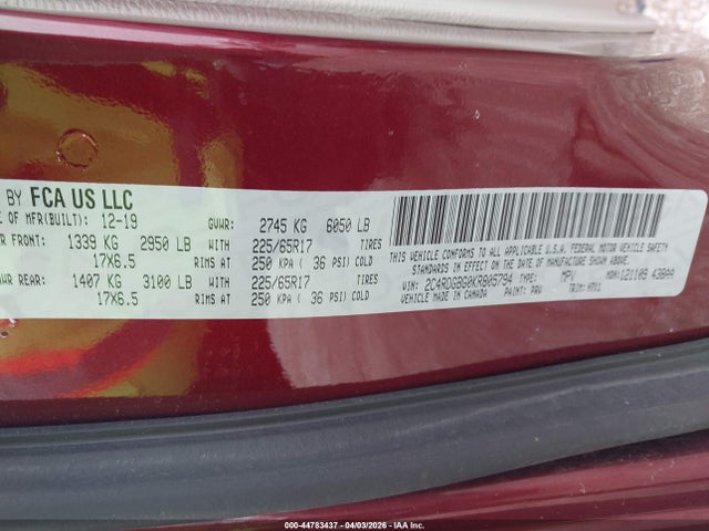 2019 Dodge Grand Caravan Se მანქანა იყიდება აუქციონზე, vin: 2C4RDGBG0KR805794, აუქციონის ნომერი: 44783437