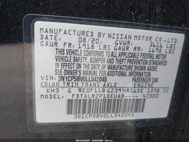 Продажа на аукционе авто 2020 Nissan Kicks S Xtronic Cvt, vin: 3N1CP5BV0LL542045, номер лота: 44783457