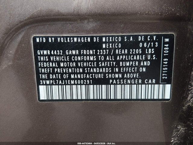 Aukcja sprzedaży 2014 Volkswagen Jetta Sportwagen 2.0l Tdi, vin: 3VWPL7AJ1EM600291, numer aukcji: 44783464