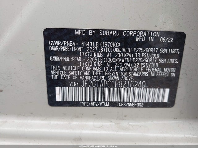Aukcja sprzedaży 2023 Subaru Crosstrek Premium, vin: JF2GTAPC1P8216240, numer aukcji: 44783467