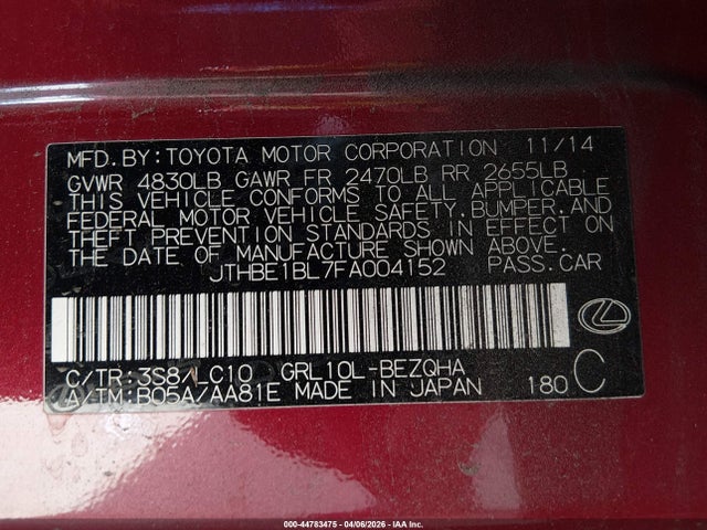 Продажа на аукционе авто 2015 Lexus Gs 350, vin: JTHBE1BL7FA004152, номер лота: 44783475