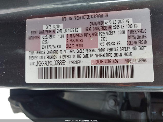 2020 Mazda Cx-5 Touring მანქანა იყიდება აუქციონზე, vin: JM3KFACM0L0768861, აუქციონის ნომერი: 44783493