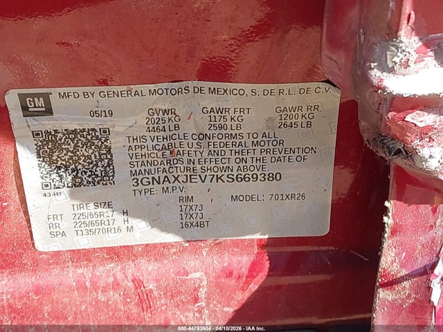 44783504 :رقم المزاد ، 3GNAXJEV7KS669380 vin ، 2019 Chevrolet Equinox Lt مزاد بيع