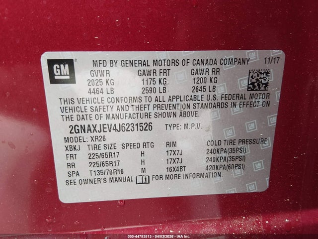 Продаж на аукціоні авто 2018 Chevrolet Equinox Lt, vin: 2GNAXJEV4J6231526, номер лоту: 44783513