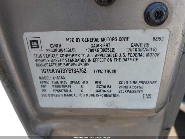 2000 Gmc Sierra 1500 Sle მანქანა იყიდება აუქციონზე, vin: 1GTEK19T3YE134762, აუქციონის ნომერი: 44783519