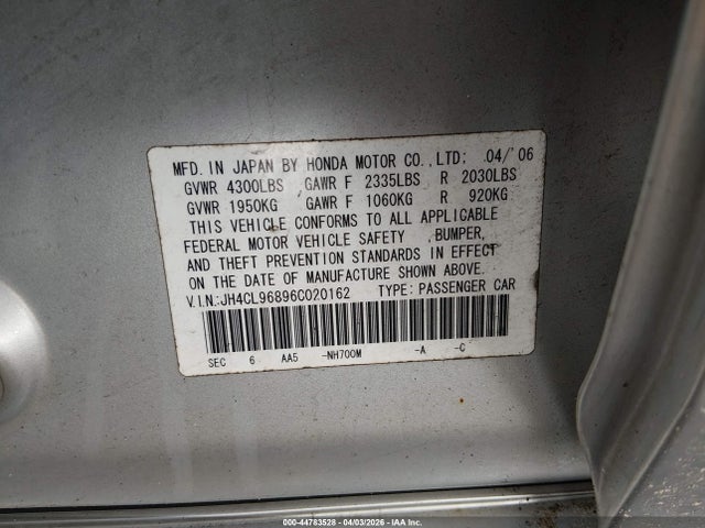 2006 Acura Tsx მანქანა იყიდება აუქციონზე, vin: JH4CL96896C020162, აუქციონის ნომერი: 44783528
