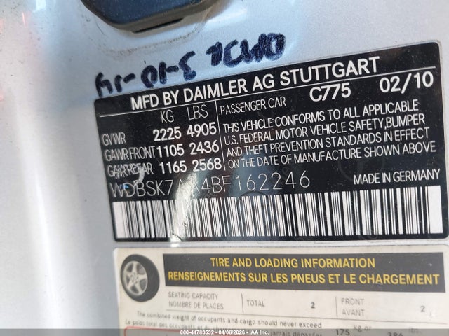 Aukcja sprzedaży 2011 Mercedes-benz Sl 63 Amg, vin: WDBSK7AA4BF162246, numer aukcji: 44783532