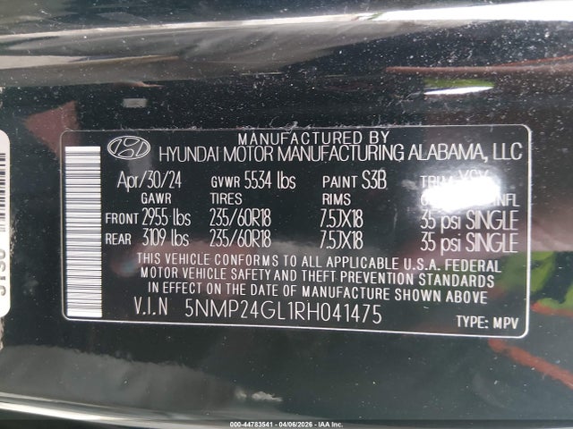 2024 Hyundai Santa Fe Sel მანქანა იყიდება აუქციონზე, vin: 5NMP24GL1RH041475, აუქციონის ნომერი: 44783541