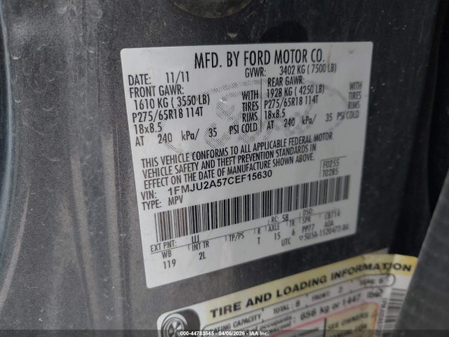 44783545 :رقم المزاد ، 1FMJU2A57CEF15630 vin ، 2012 Ford Expedition Limited مزاد بيع