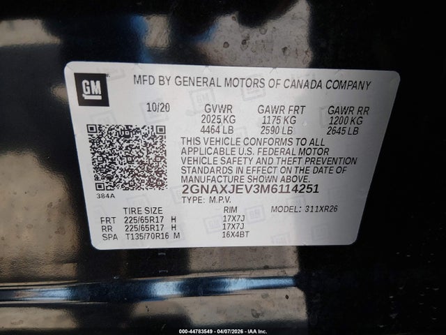 Aukcja sprzedaży 2021 Chevrolet Equinox Fwd 2fl, vin: 2GNAXJEV3M6114251, numer aukcji: 44783549