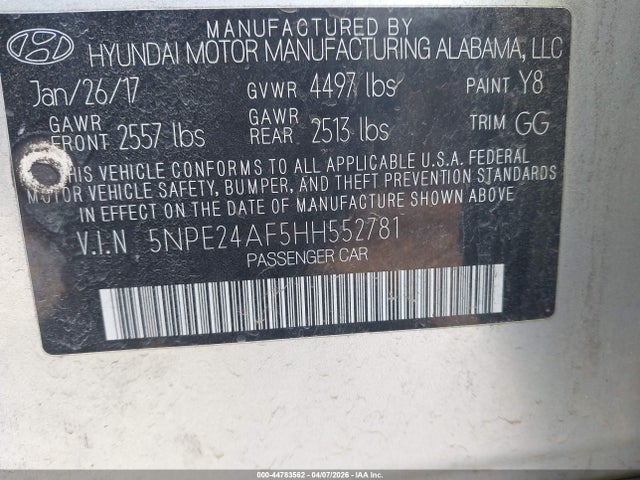 44783562 :رقم المزاد ، 5NPE24AF5HH552781 vin ، 2017 Hyundai Sonata Se مزاد بيع