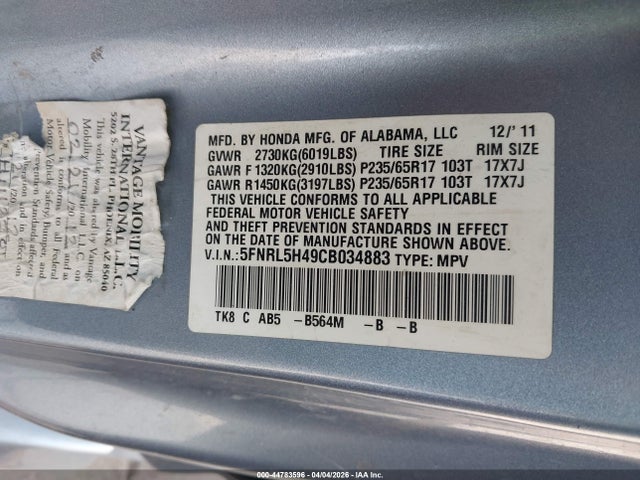 Aukcja sprzedaży 2012 Honda Odyssey Ex, vin: 5FNRL5H49CB034883, numer aukcji: 44783596