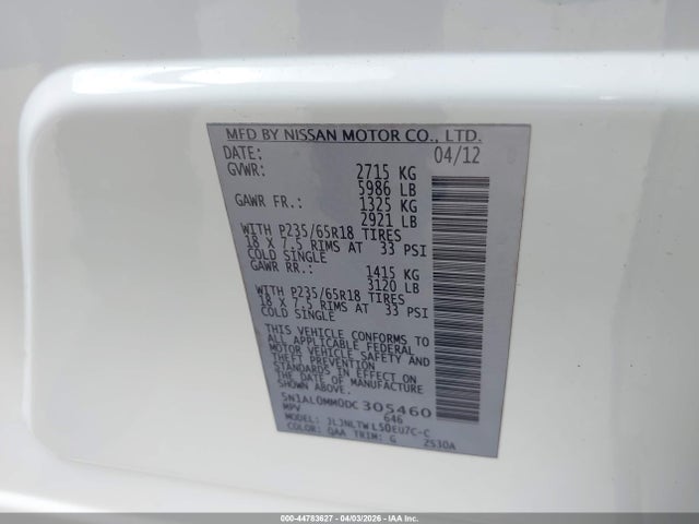 Aukcja sprzedaży 2013 Infiniti Jx35, vin: 5N1AL0MM0DC305460, numer aukcji: 44783627