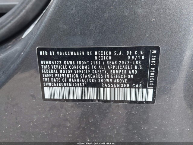 Продажа на аукционе авто 2019 Volkswagen Jetta 1.4t R-line/1.4t S/1.4t Se, vin: 3VWC57BU0KM109871, номер лота: 44783647