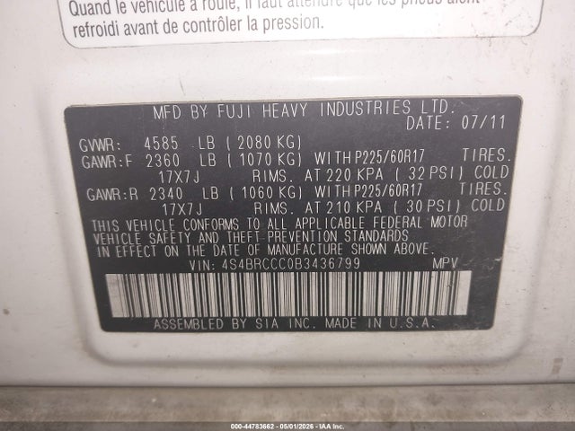 2011 Subaru Outback 2.5i Premium მანქანა იყიდება აუქციონზე, vin: 4S4BRCCC0B3436799, აუქციონის ნომერი: 44783662