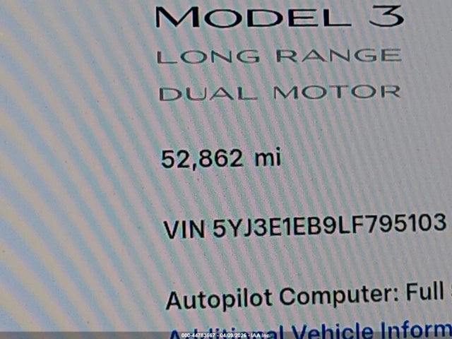 Auction sale of the 2020 Tesla Model 3 Long Range Dual Motor All-wheel Drive, vin: 5YJ3E1EB9LF795103, lot number: 44783667