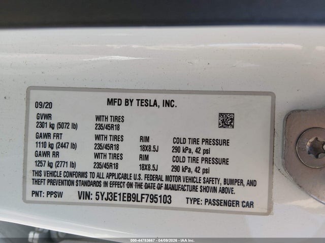 Auction sale of the 2020 Tesla Model 3 Long Range Dual Motor All-wheel Drive, vin: 5YJ3E1EB9LF795103, lot number: 44783667