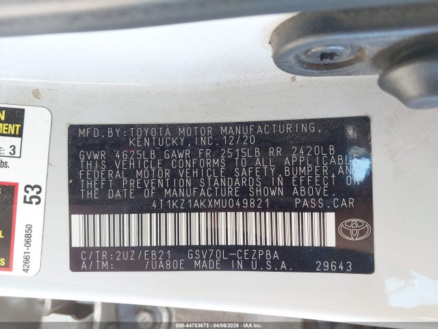 2021 Toyota Camry Trd მანქანა იყიდება აუქციონზე, vin: 4T1KZ1AKXMU049821, აუქციონის ნომერი: 44783673