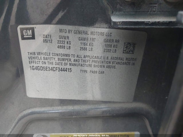 44783674 :رقم المزاد ، 1G4GD5E34CF344415 vin ، 2012 Buick Lacrosse Premium 1 Group مزاد بيع
