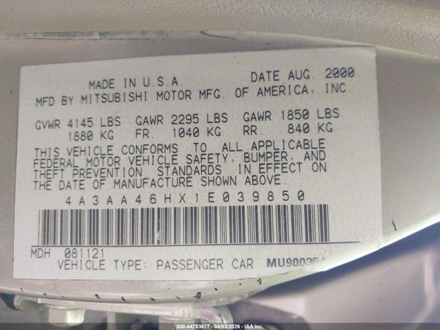 Aukcja sprzedaży 2001 Mitsubishi Galant Es V6/gtz, vin: 4A3AA46HX1E039850, numer aukcji: 44783677