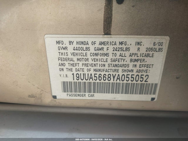 Aukcja sprzedaży 2000 Acura Tl 3.2, vin: 19UUA5668YA055052, numer aukcji: 44783686