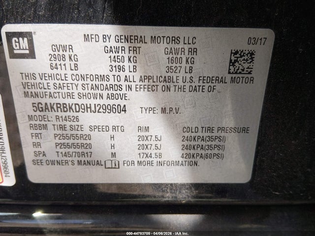 44783705 :رقم المزاد ، 5GAKRBKD9HJ299604 vin ، 2017 Buick Enclave Leather مزاد بيع