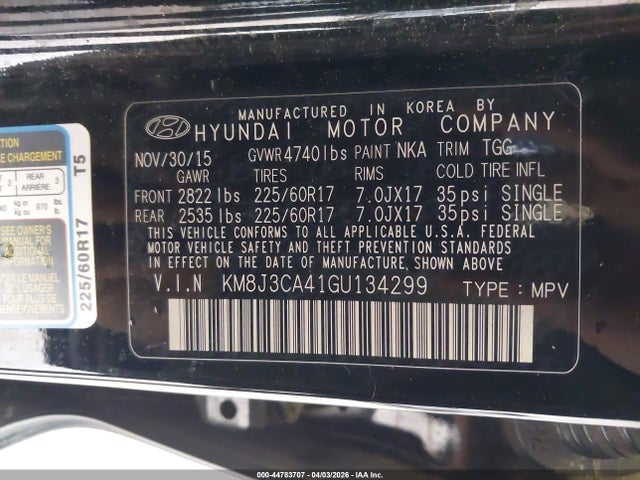 Aukcja sprzedaży 2016 Hyundai Tucson Se, vin: KM8J3CA41GU134299, numer aukcji: 44783707