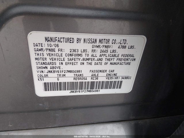 Продажа на аукционе авто 2007 Infiniti G35x, vin: JNKBV61F27M804981, номер лота: 44783708
