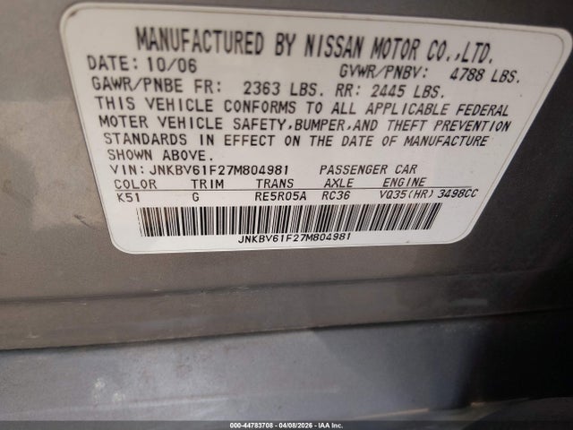 Продажа на аукционе авто 2007 Infiniti G35x, vin: JNKBV61F27M804981, номер лота: 44783708