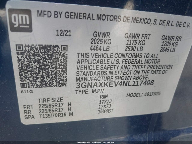 44783711 :رقم المزاد ، 3GNAXKEV4NL117498 vin ، 2022 Chevrolet Equinox Fwd Lt مزاد بيع
