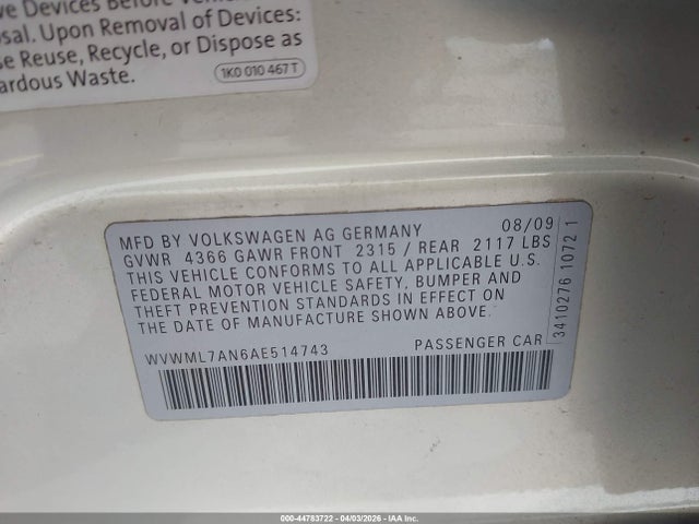 44783722 :رقم المزاد ، WVWML7AN6AE514743 vin ، 2010 Volkswagen Cc Sport مزاد بيع