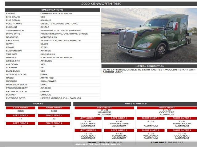 44783726 :رقم المزاد ، 3WKYD49X1LF417035 vin ، 2020 Kenworth T680 مزاد بيع