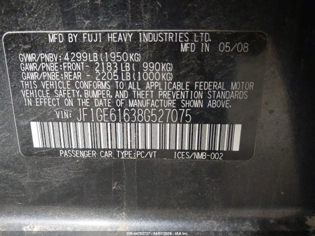 2008 Subaru Impreza 2.5i მანქანა იყიდება აუქციონზე, vin: JF1GE61638G527075, აუქციონის ნომერი: 44783727