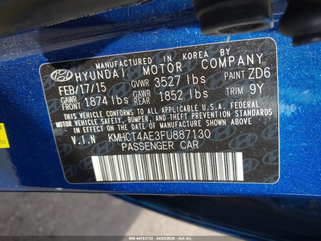 Продажа на аукционе авто 2015 Hyundai Accent Gls, vin: KMHCT4AE3FU887130, номер лота: 44783732