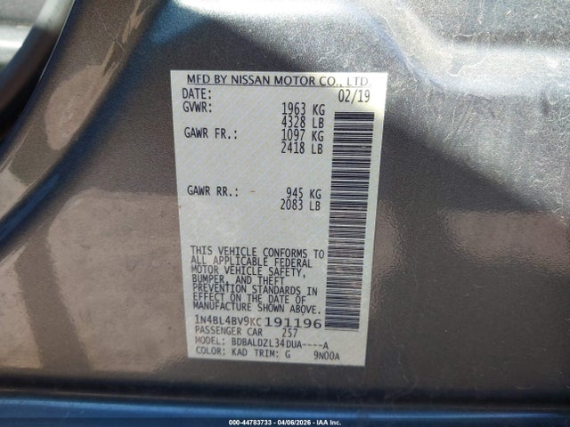 2019 Nissan Altima 2.5 S მანქანა იყიდება აუქციონზე, vin: 1N4BL4BV9KC191196, აუქციონის ნომერი: 44783733