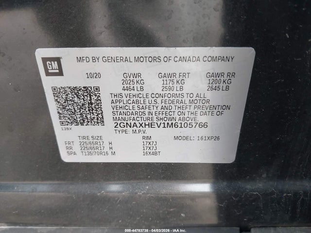 Продаж на аукціоні авто 2021 Chevrolet Equinox Fwd Ls, vin: 2GNAXHEV1M6105766, номер лоту: 44783738