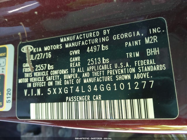 44783742 :رقم المزاد ، 5XXGT4L34GG101277 vin ، 2016 Kia Optima Lx مزاد بيع